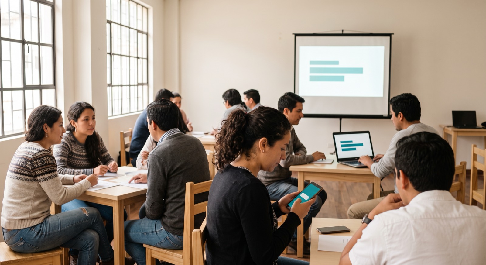 Participantes de un taller responden desde su teléfono mientras el proyector muestra los resultados en vivo